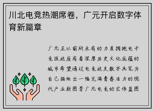 川北电竞热潮席卷，广元开启数字体育新篇章